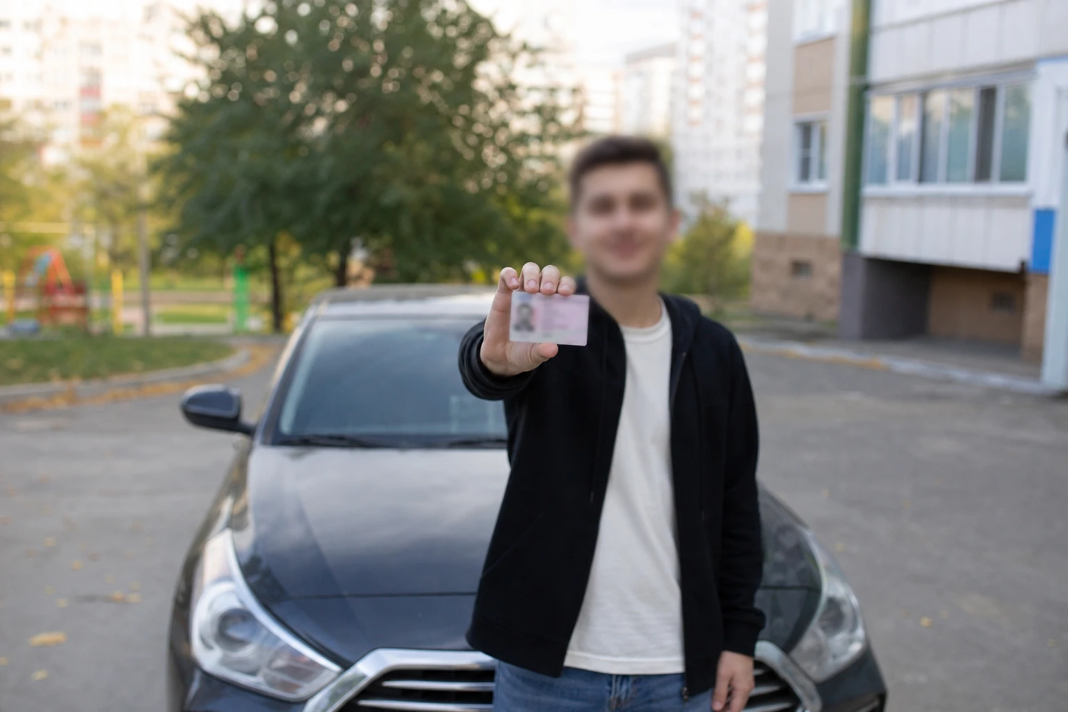 Выпускник автошколы с водительским удостоверением у автомобиля во дворе жилого дома